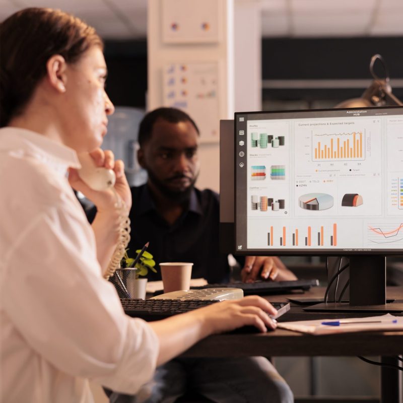 employee-analyzing-marketing-project-dashboard-computer-screen-woman-working-business-research-statistics-coworking-space-corporate-worker-checking-financial-analytics-office Effortless analytics: Power BI for Unit4 users